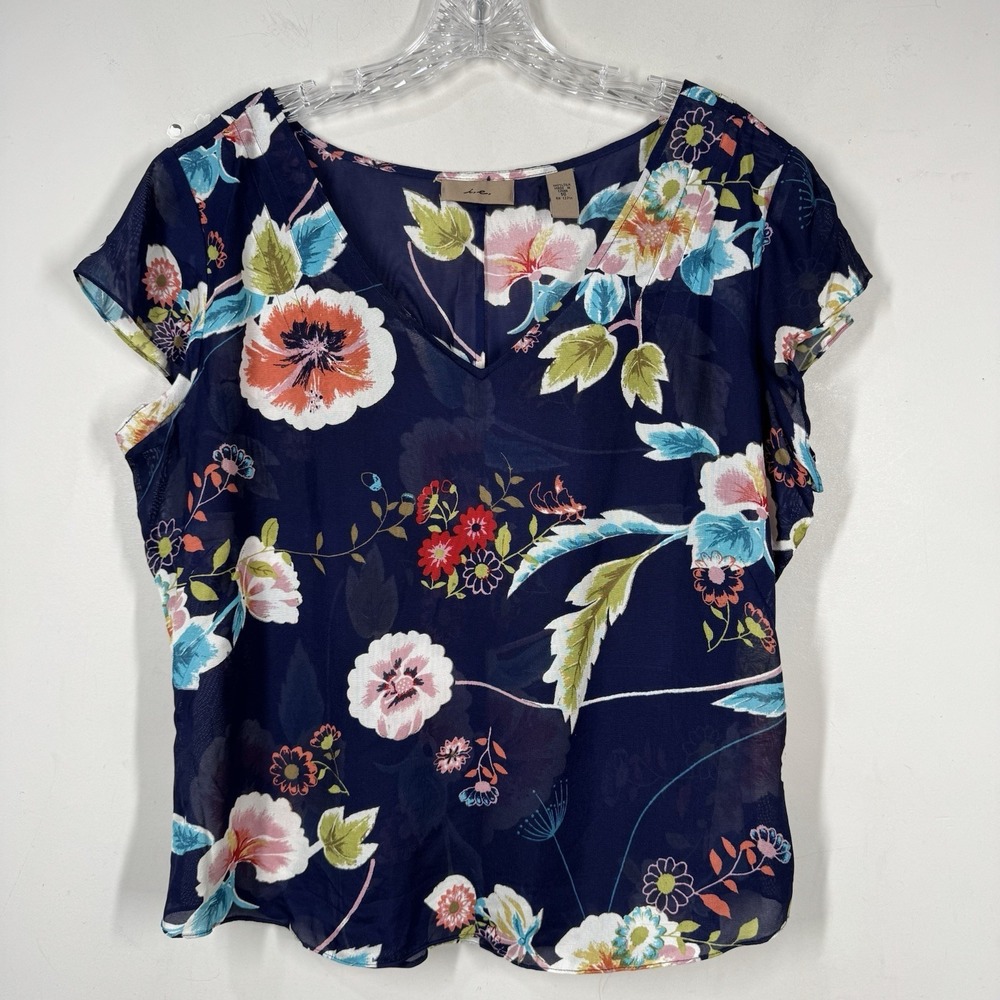 I. E. 100% Silk Sheer V-Neck Bright Floral Blouse Short Flutter Sleeve Size 16